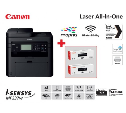Багатофункційний пристрій А4 ч/б Canon i-SENSYS MF237w з Wi-Fi (1418C170AA) + 2 картриджа Canon 737