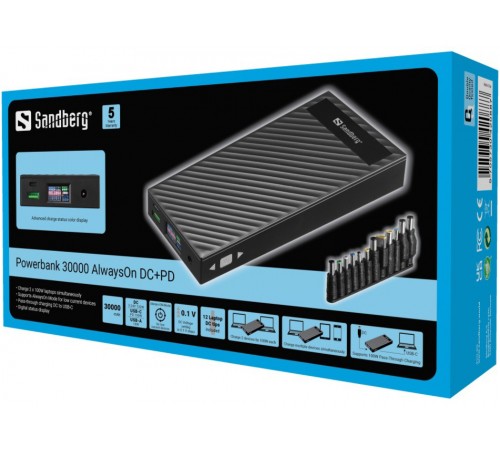 Універсальна мобільна батарея Sandberg AlwaysOn Powerbank 30000mAh DC+PD 120W Black (420-88)