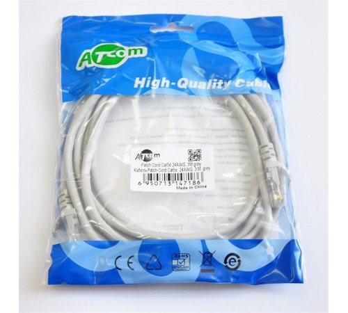 Патч-корд литий, UTP, RJ45, Cat.5e, 3m, сірий Патч-корд литий, UTP, RJ45, Cat.5e, 3m, сірий