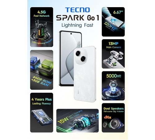 Смартфон Tecno Spark Go 1 (KL4) 3/64GB Glittery White (4894947036446)