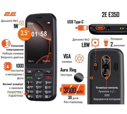 Мобiльний телефон 2E E350 Black (694743656879)