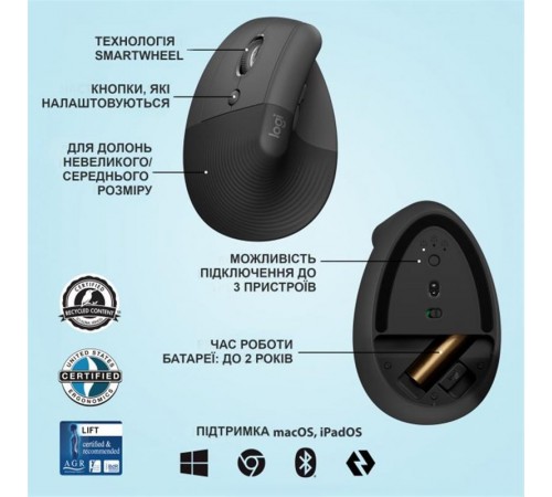 Миша бездротова Logitech Lift Vertical Ergonomic Graphite (910-006474)