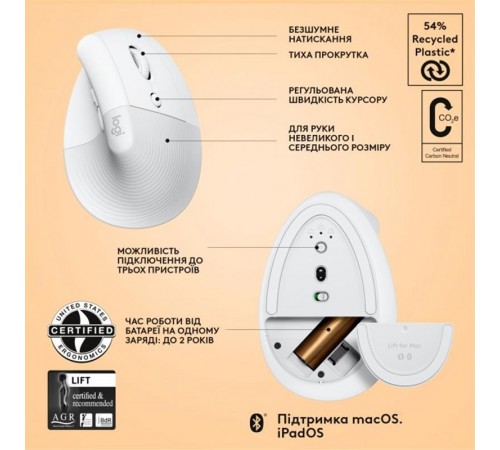 Миша бездротова Logitech Lift for Mac Vertical Ergonomic White (910-006477)