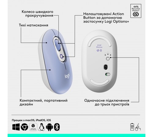 Миша бездротова Logitech Pop Mouse with Emoji Lilac (910-007414)