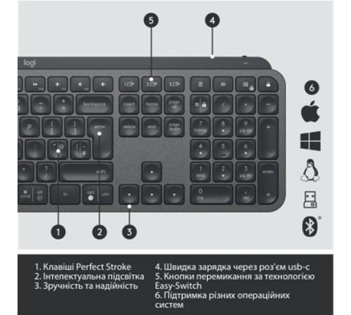 Клавіатура бездротова Logitech MX Keys Advanced for Business Wireless Illuminated UA Graphite (920-010251)