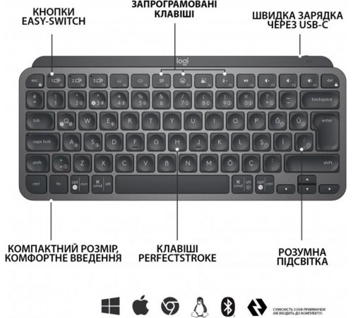 Клавіатура бездротова Logitech MX Keys Mini Wireless Illuminated Graphite (920-010498) Клавіатура бездротова Logitech MX Keys Mini Wireless Illuminated Graphite (920-010498)