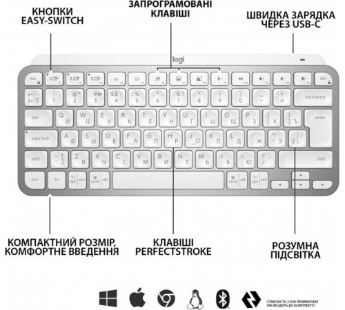 Клавіатура бездротова Logitech MX Keys Mini Wireless Illuminated UA Pale Gray (920-010499) Клавіатура бездротова Logitech MX Keys Mini Wireless Illuminated UA Pale Gray (920-010499)