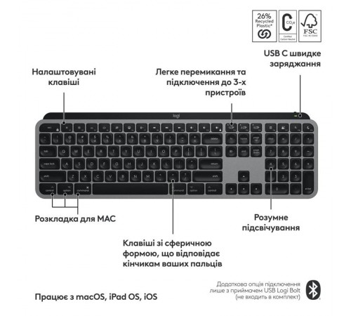 Клавiатура бездротова Logitech MX Keys S for Mac Space Grey (920-011637) Клавiатура бездротова Logitech MX Keys S for Mac Space Grey (920-011637)