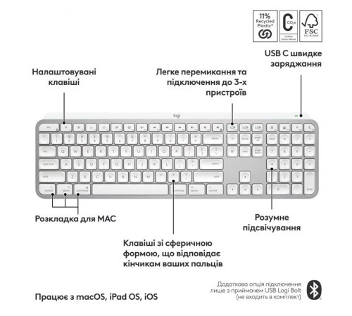 Клавiатура бездротова Logitech MX Keys S for Mac Pale Grey (920-011638) Клавiатура бездротова Logitech MX Keys S for Mac Pale Grey (920-011638)