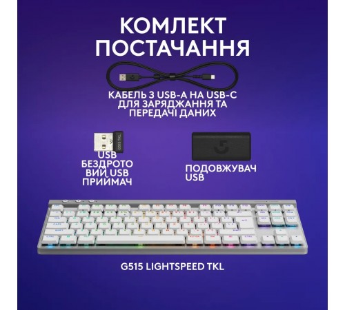 Клавiатура бездротова Logitech G515 Lightspeed TKL White (920-012539)