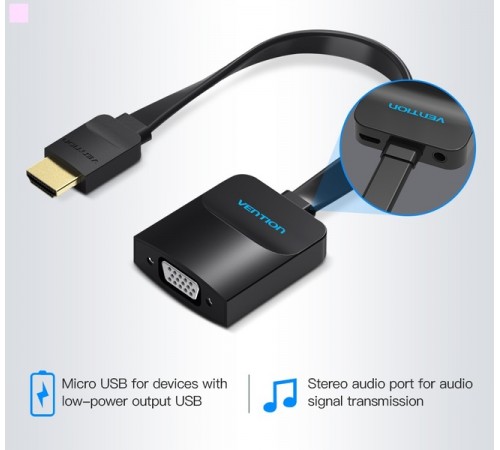 Адаптер Vention Flat HDMI - VGA (M/F), зі звуком і живленням, 0.15 м, чорний (ACKBB)