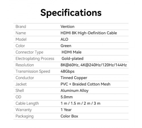 Кабель Vention HDMI - HDMI V 2.1 (M/M), 3 м, Green (ALOGI)