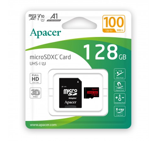 Карта пам`ятi MicroSDHC 128GB UHS-I Class 10 Apacer + SD adapter (AP128GMCSX10UB-R)