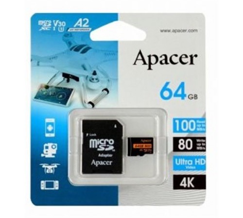 Карта пам`ятi MicroSDXC 64GB UHS-I/U3 Class 10 Apacer (AP64GMCSX10U8-R) + SD адаптер