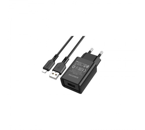 Мережевий зарядний пристрій Borofone BA68A (1USB, 2.1А) Black (BA68ALB) + кабель Lightning Мережевий зарядний пристрій Borofone BA68A (1USB, 2.1А) Black (BA68ALB) + кабель Lightning