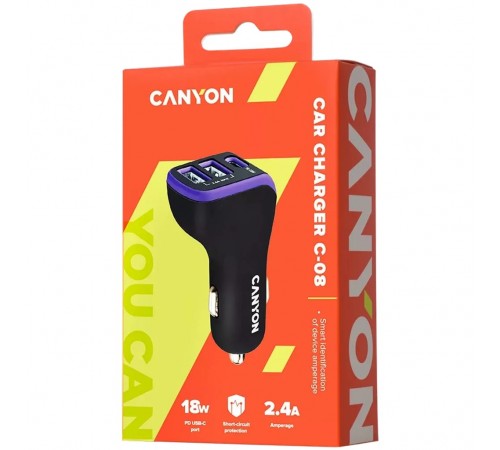 Автомобильний зарядний пристрій Canyon C-08 (3USB, 2.4A) Black Purple (CNE-CCA08PU) Автомобильний зарядний пристрій Canyon C-08 (3USB, 2.4A) Black Purple (CNE-CCA08PU)