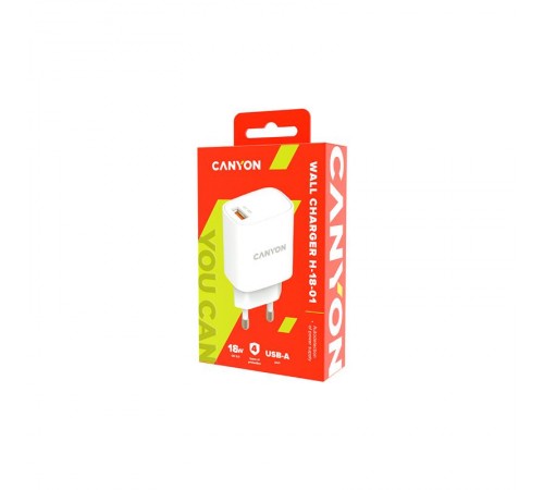 Мережевий зарядний пристрій Canyon H-18-01 (1USB, 3A) QC3.0 White (CNE-CHA18W) Мережевий зарядний пристрій Canyon H-18-01 (1USB, 3A) QC3.0 White (CNE-CHA18W)