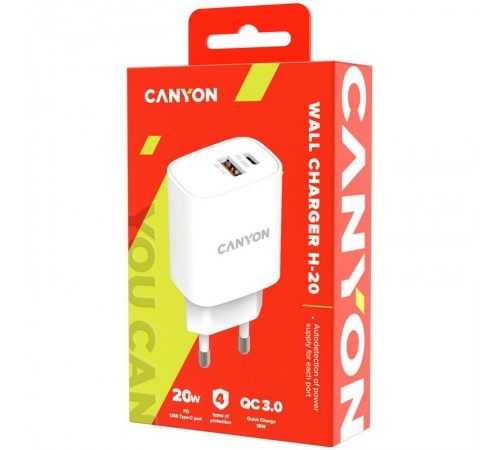 Мережевий зарядний пристрій Canyon H-20-04 (2USB, 3A) PD, QC3.0 White (CNE-CHA20W04) Мережевий зарядний пристрій Canyon H-20-04 (2USB, 3A) PD, QC3.0 White (CNE-CHA20W04)