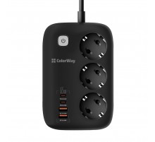 Фільтр живлення ColorWay CW-CHE34PDB GaN3 Pro PD 65W (2USB-A + 2 TYPE-C) 3 розетки, 4 USB, 2 м, чорний