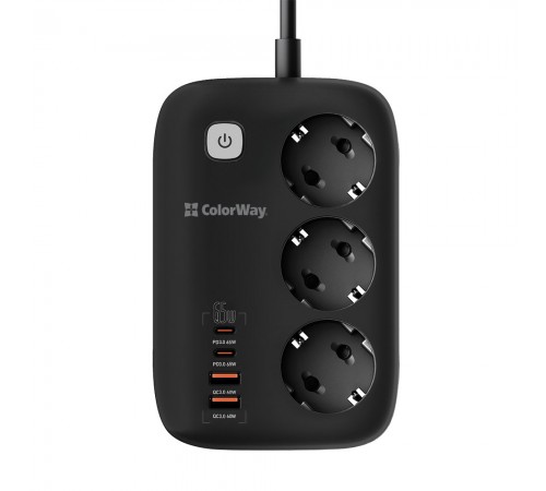 Фільтр живлення ColorWay CW-CHE34PDB GaN3 Pro PD 65W (2USB-A + 2 TYPE-C) 3 розетки, 4 USB, 2 м, чорний
