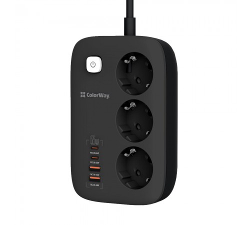Фільтр живлення ColorWay CW-CHE34PDB GaN3 Pro PD 65W (2USB-A + 2 TYPE-C) 3 розетки, 4 USB, 2 м, чорний
