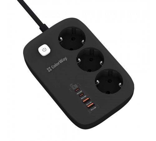 Фільтр живлення ColorWay CW-CHE34PDB GaN3 Pro PD 65W (2USB-A + 2 TYPE-C) 3 розетки, 4 USB, 2 м, чорний