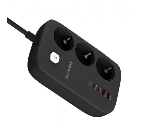 Фільтр живлення ColorWay CW-CHE34PDB GaN3 Pro PD 65W (2USB-A + 2 TYPE-C) 3 розетки, 4 USB, 2 м, чорний