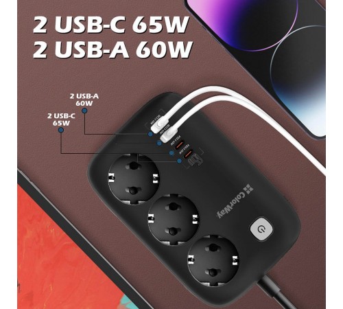 Фільтр живлення ColorWay CW-CHE34PDB GaN3 Pro PD 65W (2USB-A + 2 TYPE-C) 3 розетки, 4 USB, 2 м, чорний