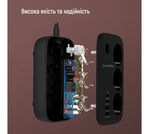 Фільтр живлення ColorWay CW-CHE34PDB GaN3 Pro PD 65W (2USB-A + 2 TYPE-C) 3 розетки, 4 USB, 2 м, чорний