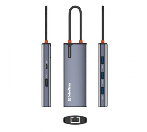 Док-станція СolorWay USB-C 6-в-1 Type C PD 100W/USB3.0х3/HDMI 4К/RJ45 (CW-HUB02)