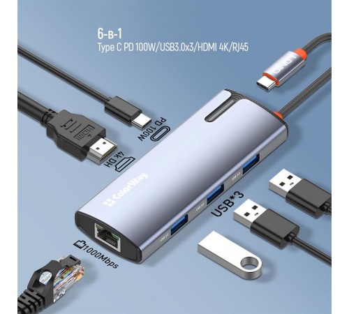 Док-станція СolorWay USB-C 6-в-1 Type C PD 100W/USB3.0х3/HDMI 4К/RJ45 (CW-HUB02)