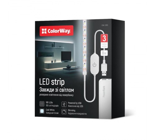 Світлодіодна стрічка ColorWay з живленням від USB холодний білий 3 м (CW-LD03) Світлодіодна стрічка ColorWay з живленням від USB холодний білий 3 м (CW-LD03)