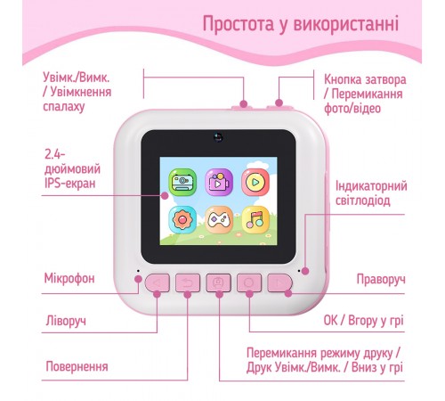 Дитячий фотоапарат ColorWay з функцією моментального друку Pink (CW-PHP01P)