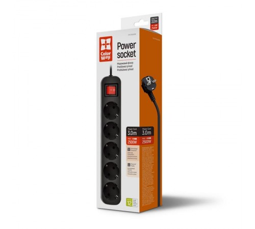 Фільтр живлення СolorWay (CW-PSEA53BK) 5 розеток, 3м, Black