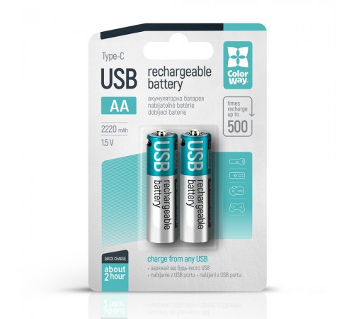 Акумулятор USB-C ColorWay (CW-UBAA-10) AA/HR06 Li-Pol 2220 mAh BL 2шт Акумулятор USB-C ColorWay (CW-UBAA-10) AA/HR06 Li-Pol 2220 mAh BL 2шт