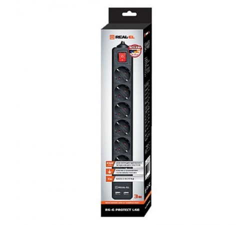 Фільтр живлення REAL-EL RS-6 Protect USB 3m Black