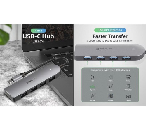 USB-хаб REAL-EL CQ-415 USB Type-C 4-в-1 USB-хаб REAL-EL CQ-415 USB Type-C 4-в-1
