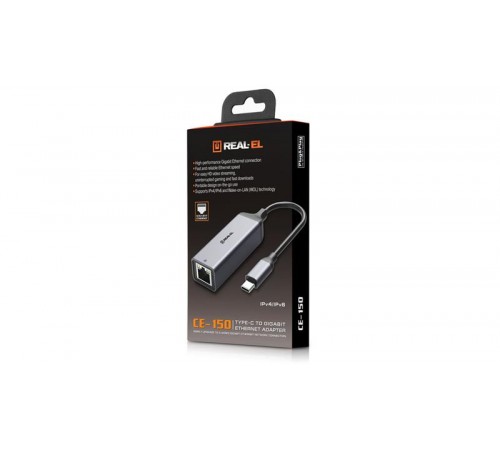 Мережевий адаптер REAL-EL CE-150 USB Type-C - RJ45 (M/F), 0.1 м, Black (EL123110004)