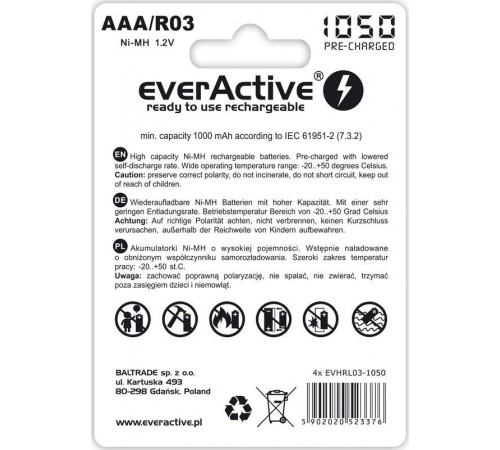 Акумулятор everActive AAA/HR03 Ni-MH 1050mAh BL 4шт Акумулятор everActive AAA/HR03 Ni-MH 1050mAh BL 4шт