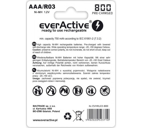Акумулятор everActive AAA/HR03 Ni-MH 800mAh BL 4шт Акумулятор everActive AAA/HR03 Ni-MH 800mAh BL 4шт
