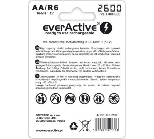 Акумулятор everActive AA/HR06 Ni-MH 2600mAh BL 4шт Акумулятор everActive AA/HR06 Ni-MH 2600mAh BL 4шт
