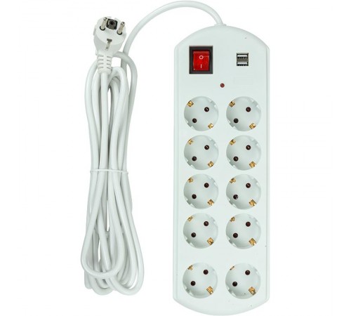 Фільтр живлення PowerPlant YS-N6065/5 (EX610556) 10 розеток, 2xUSB, 5 м, євростандарт, білий