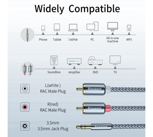 Кабель Essager Monster 3.5 мм - 2xRCA (M/M), 2 м, Grey (EYPZJ-MYA0H)