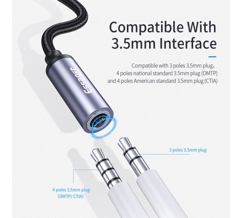Адаптер Essager USB Type-C - 3.5 мм (M/F), 0.1 м, Black (EZJE01-0G)