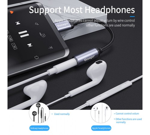 Адаптер Essager USB Type-C - 3.5 мм (M/F), 0.1 м, Black (EZJE01-0G)