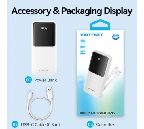 Універсальна мобільна батарея Vention 10000mAh PD White (FHOW0)