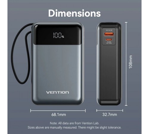 Універсальна мобільна батарея Vention 20000mAh PD, QC 3.0 Black (FHYB0)