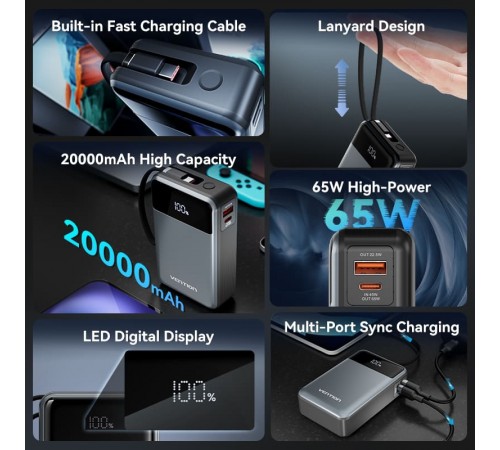 Універсальна мобільна батарея Vention 20000mAh PD, QC 3.0 Black (FHYB0)