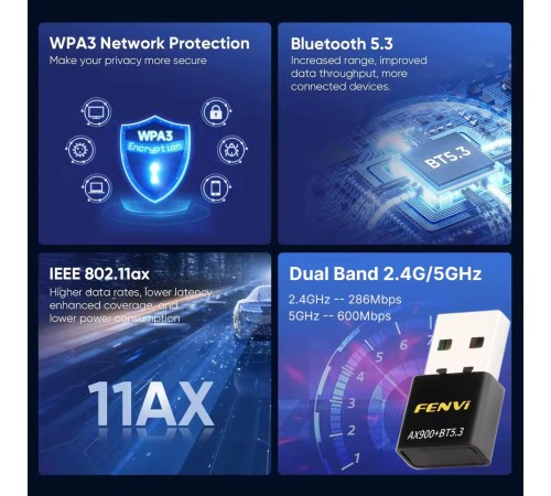 Бездротовий адаптер Fenvi FU-AX900В Wi-Fi 6, Bluetooth 5.3 Dual Band 2.4G 5G Бездротовий адаптер Fenvi FU-AX900В Wi-Fi 6, Bluetooth 5.3 Dual Band 2.4G 5G