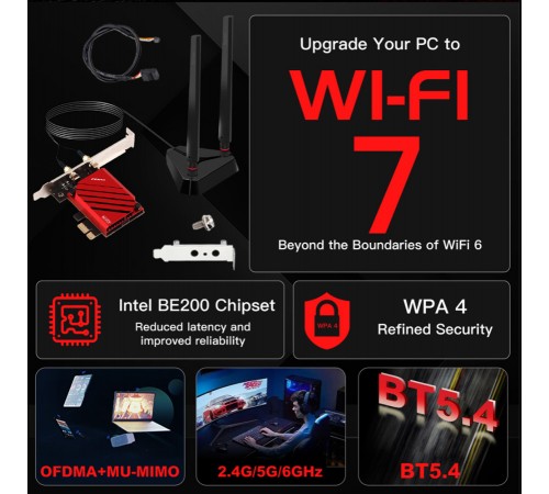 Бездротовий адаптер Fenvi FV-BE8800Pro Wi-Fi 7, Bluetooth 5.4 Gaming Tri Band 2.4G/5G/6GHz